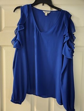 krazy kat Royal Blue Ruffle-Sleeve V-Neck Blouse